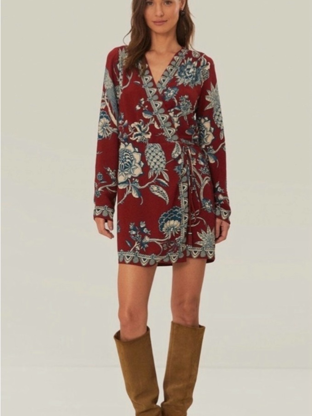 FARM Rio Burgundy Floral Wrap Mini Dress